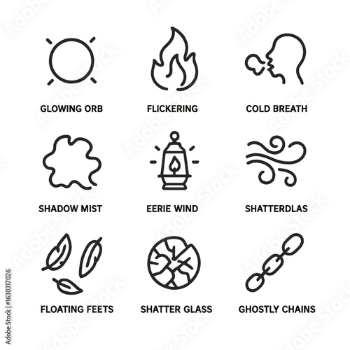 Spectral Icon Set. Outline icon set of spectral effects: glowing orb, flickering flame, cold breath, shadow mist, phantom light,