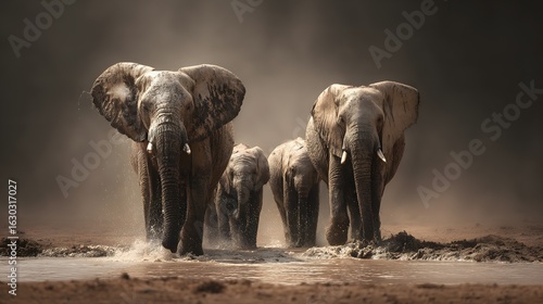 A family of elephants bathing in a muddy