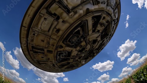 Wallpaper Mural Metallic flying saucer hovering above golden cornfield, suspended under dramatic cloudy skyscape during bright summer day Torontodigital.ca