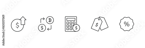 Finance growth, bitcoin exchange, calculator cost, price tag icon set, discount label, payment calculation, rate offer, commerce business vector
