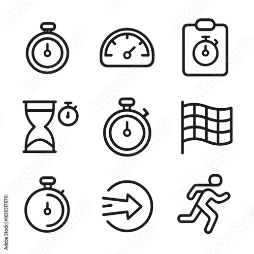 Speed Icon Set. Outline icon set of speed and pace: timer gauge, speedometer, lap time, interval timer, sprint clock, stopwatch