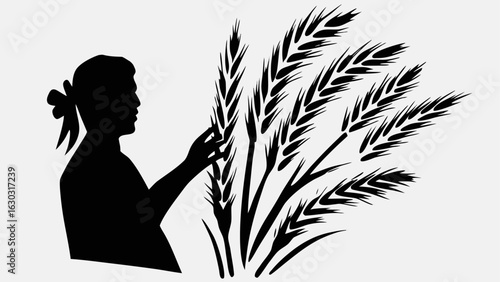 Silhouette of a person with a ponytail touching wheat stalks in a field against a light background