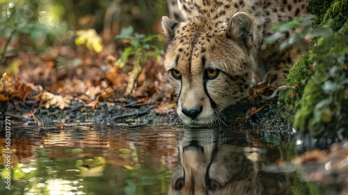 A cheetah drinking water from a jungle stream