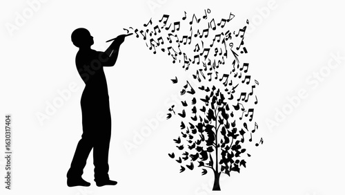 Silhouette of a man playing flute with music notes transforming into a tree on a white background scene