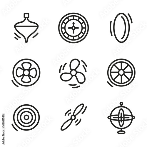 Spin Dynamics Icon Set. Outline icon set of spin dynamics: spinning top, roulette wheel, spinning coin, spinning fan, spinning