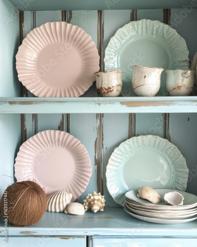 Pastel-colored ruffled plates and decorative items on a teal wooden cabinet