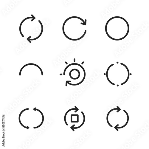 Spin Movement Icons. Outline icon set of spin movements: clockwise spin, counterclockwise spin, full spin, half spin, rapid spin,