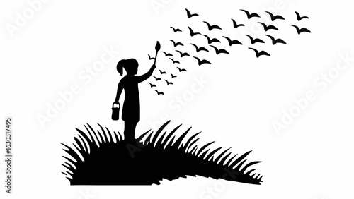 Silhouette of a girl painting birds flying from a brush while standing in grass with a bucket in hand