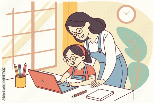 Mom working with kids in a home office—family teamwork, remote work lifestyle, multitasking, and balancing career and parenting in a modern workspace.
