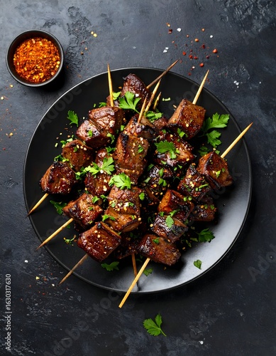 Traditional Iranian Jigar – juicy grilled liver skewers garnished with fresh parsley and sprinkled with chili flakes on a black plate.