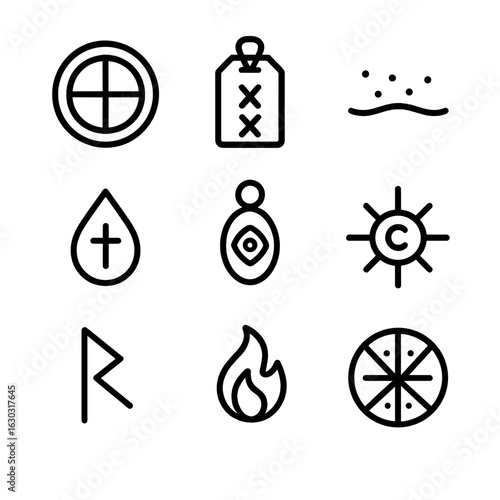 Spirit Protection Icons. Outline icon set of spirit protection: ward circle, protective charm, salt line, holy water drop,