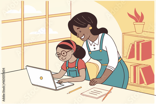 Mom working with kids in a home office—family teamwork, remote work lifestyle, multitasking, and balancing career and parenting in a modern workspace.