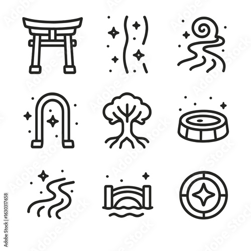 Spirit World Icons. Outline icon set of spirit world: spirit gate, veil between realms, spirit path, portal to beyond, otherworld