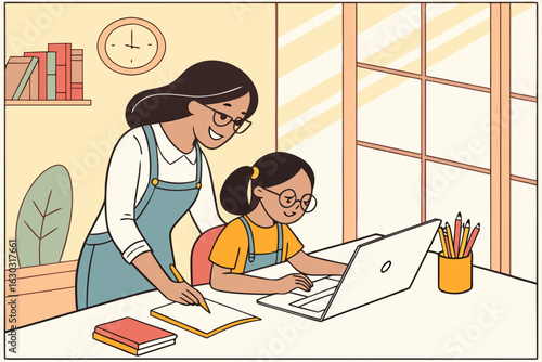 Mom working with kids in a home office—family teamwork, remote work lifestyle, multitasking, and balancing career and parenting in a modern workspace.