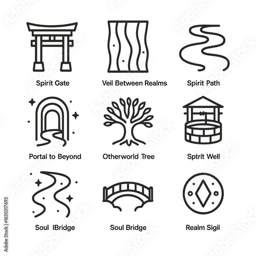 Spirit World Icons. Outline icon set of spirit world: spirit gate, veil between realms, spirit path, portal to beyond, otherworld