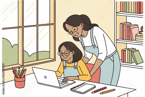 Mom working with kids in a home office—family teamwork, remote work lifestyle, multitasking, and balancing career and parenting in a modern workspace.