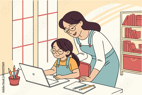 Mom working with kids in a home office—family teamwork, remote work lifestyle, multitasking, and balancing career and parenting in a modern workspace.