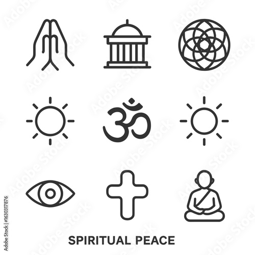 Spiritual Icon Set. Outline icon set of spiritual peace: prayer hands, temple icon, sacred geometry, soft aura, mantra symbol,