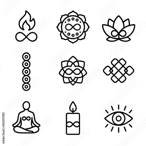 Spiritual Icon Set. Outline icon set of infinity in spirituality and mysticism: eternal flame, mandala, lotus flower, chakras,