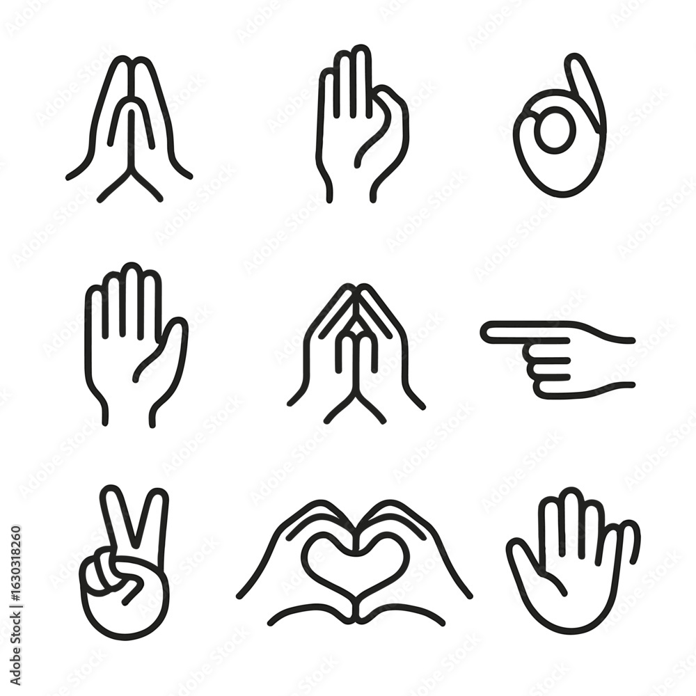 Fototapeta premium Spiritual Gesture Icons. Outline icon set of spiritual gestures: prayer hands, blessing hand, mudra, open palm, folded hands,