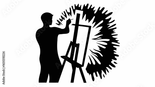Silhouette of an artist painting on an easel with a burst of creative energy in black and white style