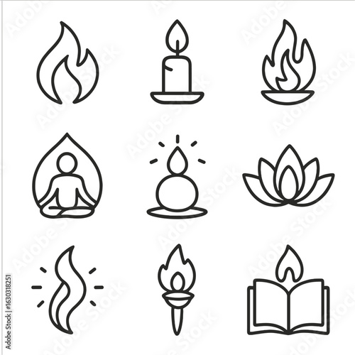 Spiritual Fire Icons Set. Outline icon set of spiritual fire: enlightened flame, burning candle, sacred fire, meditation aura,