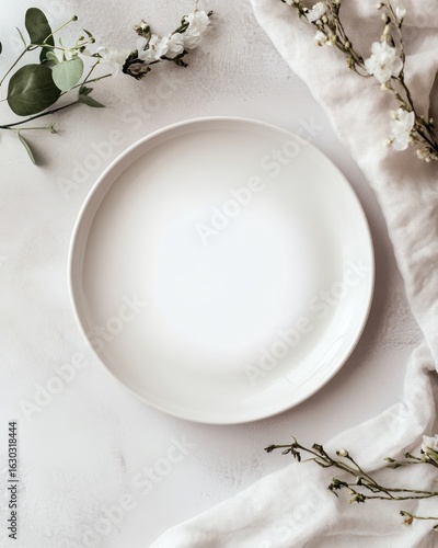 Empty white plate centered on a light beige surface, surrounded by sprigs of white flowers and eucalyptus