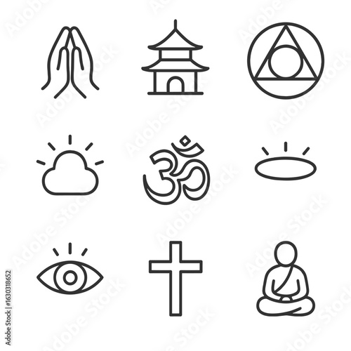 Spiritual Icon Set. Outline icon set of spiritual peace: prayer hands, temple icon, sacred geometry, soft aura, mantra symbol,