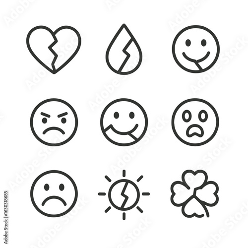 Split Emotions Icons. Outline icon set of split emotions symbols: broken heart, fractured tear, divided smile, cleaved anger,