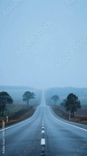 A misty, straight road flanked by sparse trees and fields under a hazy sky
