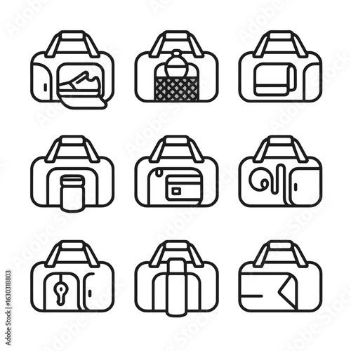 Sport Duffel Feature Icons. Outline icon set of sports duffel side features: zip shoe tunnel, mesh bottle slot, towel holder,