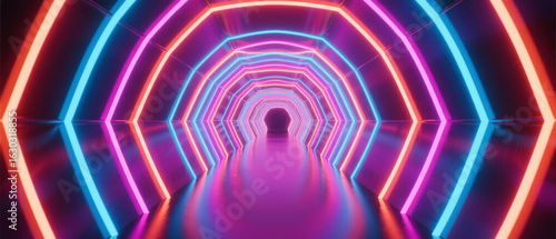 Neon-lit futuristic tunnel with vibrant pink and blue lights creating a glowing hexagonal path.
