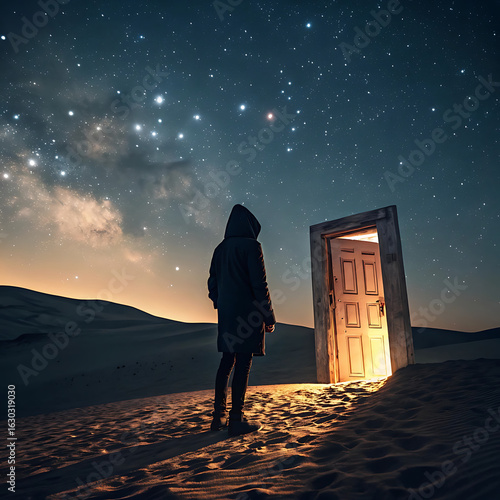 A mysterious hooded silhouette standing before an ancient, glowing doorway in the middle of a desolate desert at night, stars swirling above.