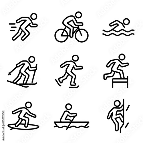 Sports Icon Set. Outline icon set of sports movement: sprinting, cycling, swimming, skiing, skating, jumping hurdles, surfing,