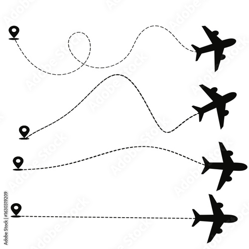Adobe Illustrator ArAirplane flight path icons with dashed lines and location markers, travel and aviation concept, flight route symbols isolated on white background, vector illustration

