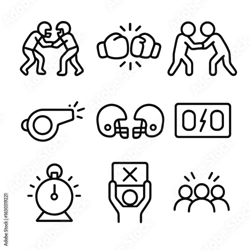 Sports Clash Icons. Outline icon set of sports and game clashes: football tackle, boxing gloves, wrestling grip, referee whistle,