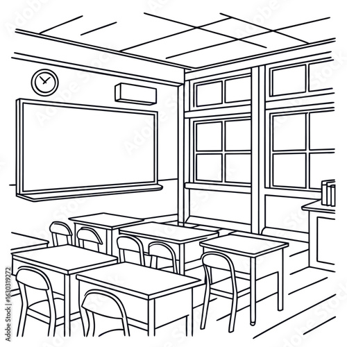 Clean line drawing of a classroom scene with desks and board




