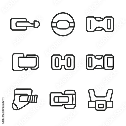 Sports Equipment Buckles Icons. Outline icon set of sports equipment buckles: ski boot buckle, helmet clip, snowboard strap buckle