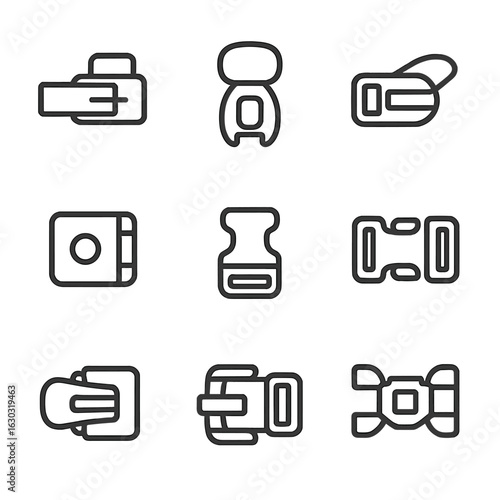 Sports Equipment Buckles Icons. Outline icon set of sports equipment buckles: ski boot buckle, helmet clip, snowboard strap buckle