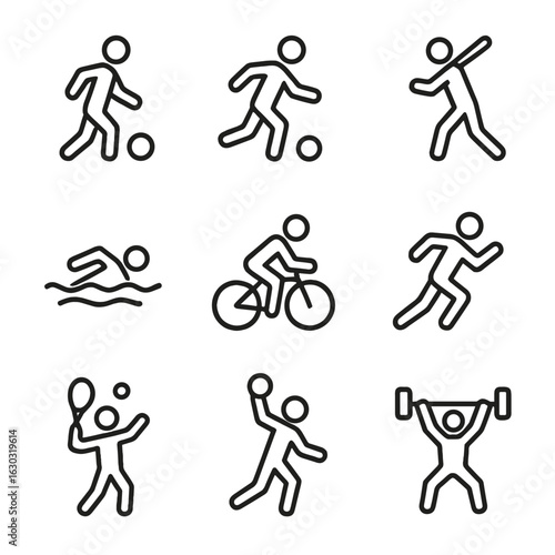 Sports Icons Grid. Outline icon set of sports movement: dribbling ball, kicking, swinging bat, swimming, cycling, sprinting,