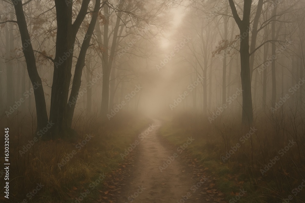 Obraz premium Misty forest path with trees.
