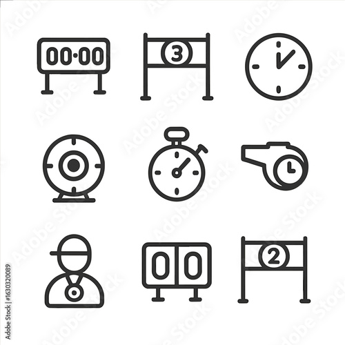 Sports Timer Icon Set. Outline icon set of sports timers: race timer, start line countdown, finish clock, lap tracker, marathon