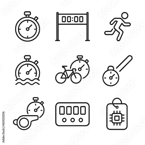 Sports Timing Icons. Outline icon set of sports timing: race stopwatch, finish line timer, sprint timer, swimming timer, cycling