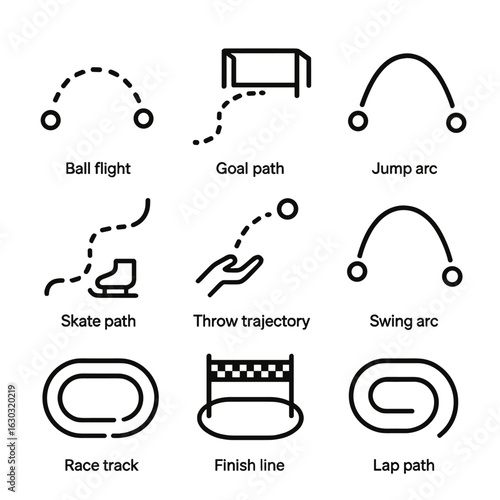 Sports Trajectories Icons. Outline icon set of sports trajectories: ball flight, goal path, jump arc, skate path, throw trajectory