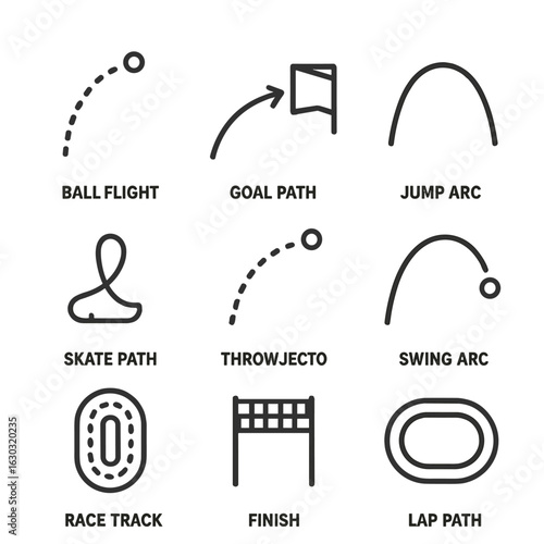 Sports Trajectories Icons. Outline icon set of sports trajectories: ball flight, goal path, jump arc, skate path, throw trajectory