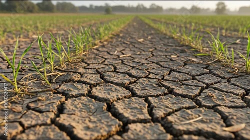 Cracked Dry Soil with Struggling Plants in Crop Field — Drought and Climate Change Impact