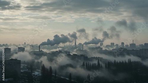 Industrial Zone Emitting Smoke Through Factory Chimneys — Urban Pollution and Climate Crisis