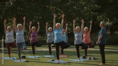 Group of Elderly Women Practicing Yoga Outdoors on Park Lawn — Active Aging and Wellness