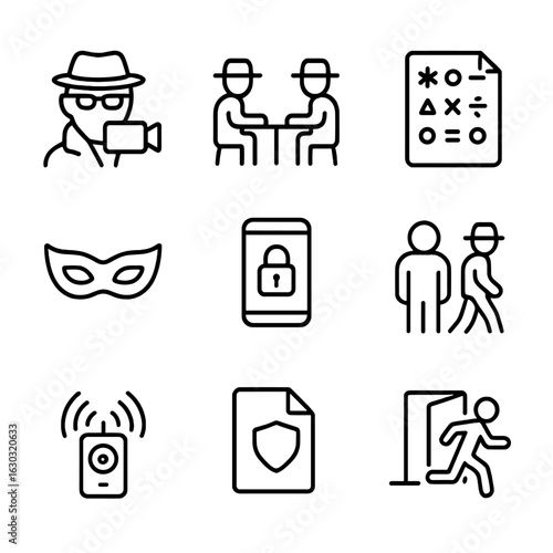 Spy Activity Icons. Outline icon set of spy activities: surveillance, secret meeting, coded message, disguise mask, encrypted