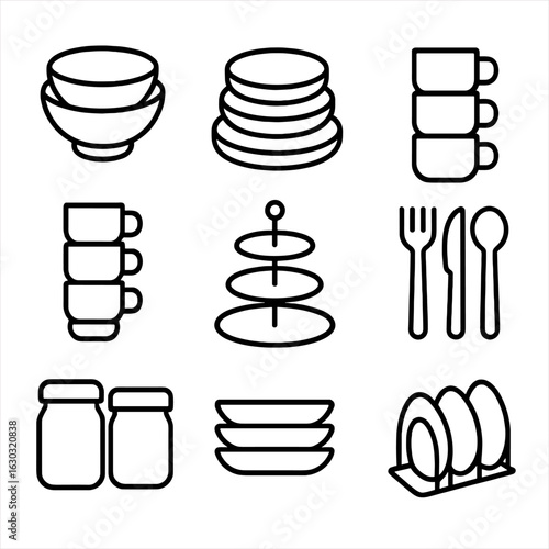Stackable Dinnerware Icons. Outline icon set of stackable dinnerware: nesting bowls, stackable plates, layered mugs, stackable